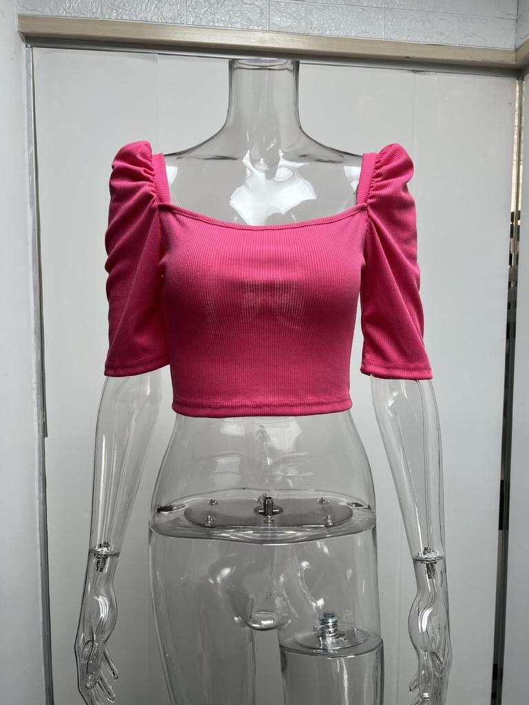 Women's Spring New Women's Simple Square Neck Puff Sleeve Top Women's Short Sleeve