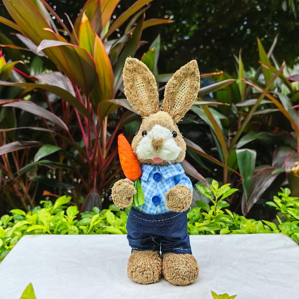 Easter Rabbit Decoration Straw Rabbit Ornament Creative Artificial Bunny Figure 25cm Home Holiday Cute with Flower Wreath
