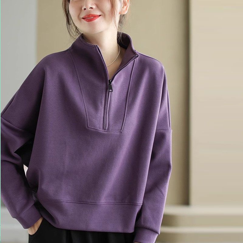 Women's Stand Collar Half Zip Sweatshirt Loose Fit Long Sleeve Pullover Casual Top Plus Size