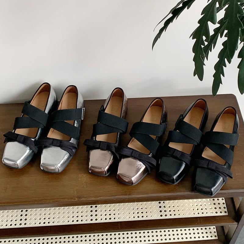 Fashion Square Toe Retro Sporty Ballet Shoes Women's Outer Wear Light Mouth Bow Lace-Up Casual Mary Jane Non-Slip Flats