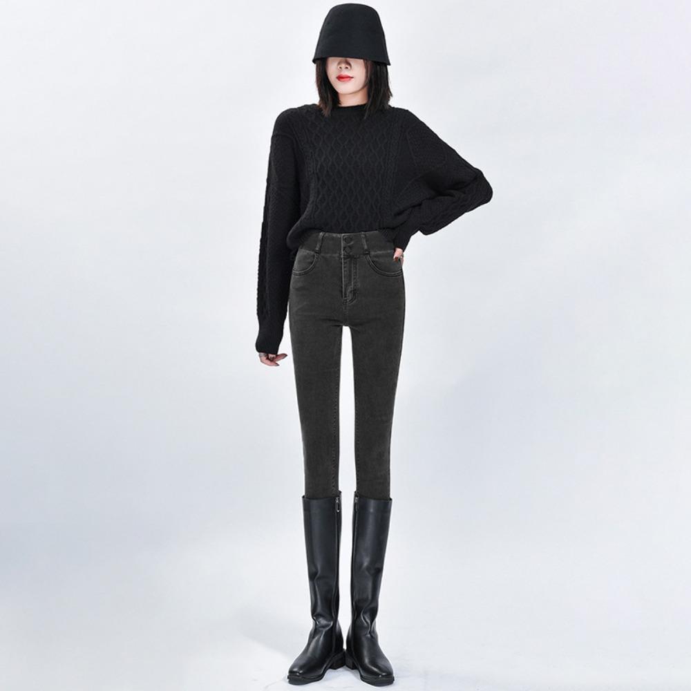 Autumn and Winter New Simple High-waisted Jeans Female Slim-fitting High and Thin Elastic Tight Small-footed Jeans Tide
