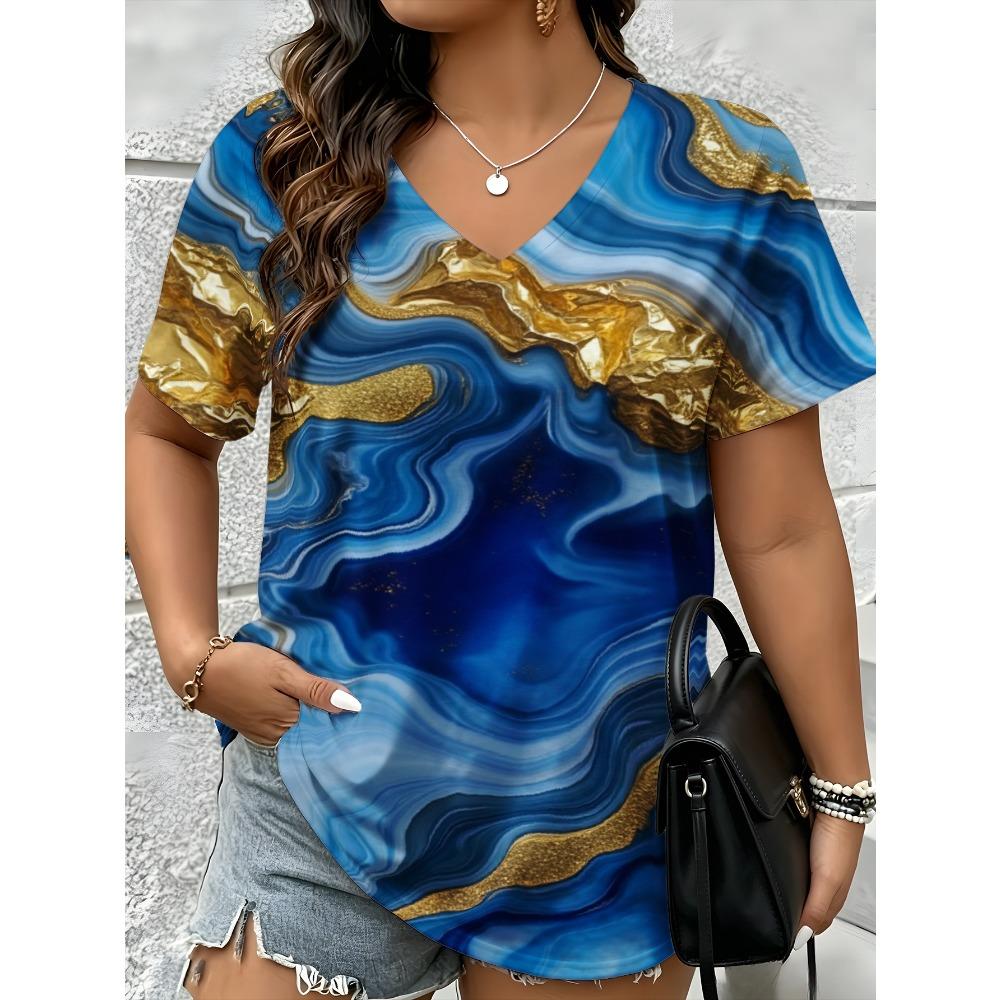 Summer Fashion Vintage Stripes 3D Personality Printed T-shirt Women's Loose Comfortable Soft Breathable V-neck Short Sleeved T-shirt