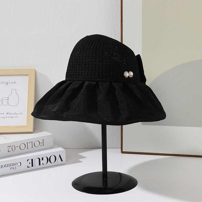 Hat women's summer new high-end pearl decoration knitted grass top sun hat outdoor sun protection empty top sun hat