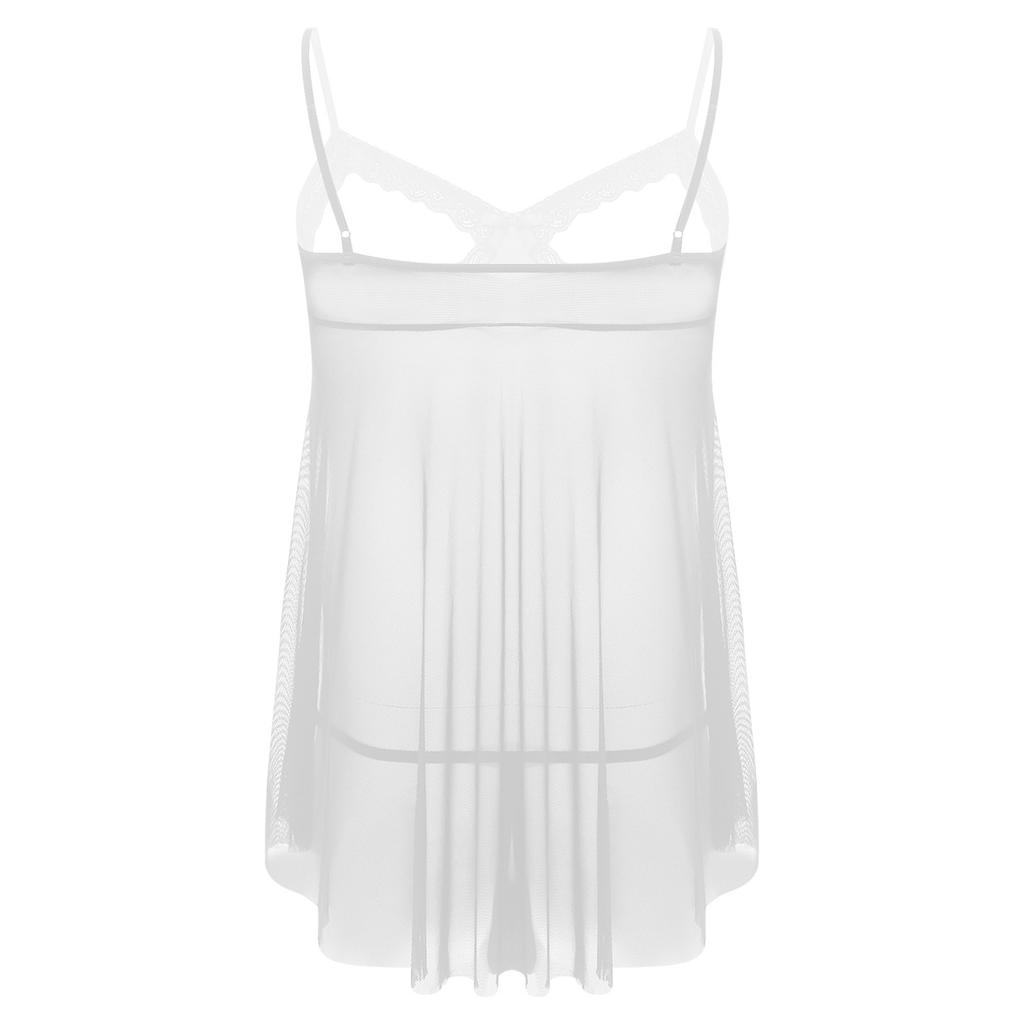 Mens Sheer Mesh Lace Babydoll Nightgown Plus Size Open Front Design Adjustable Spaghetti Straps Matching G-String Set