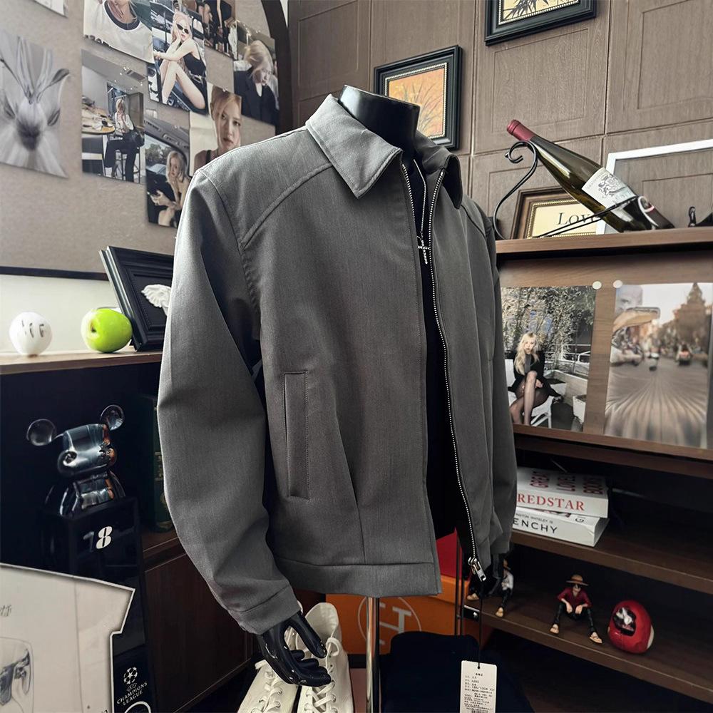 American Retro Gray Padded Shoulder Men's Boxy Baseball Jacket - Autumn Executive Style