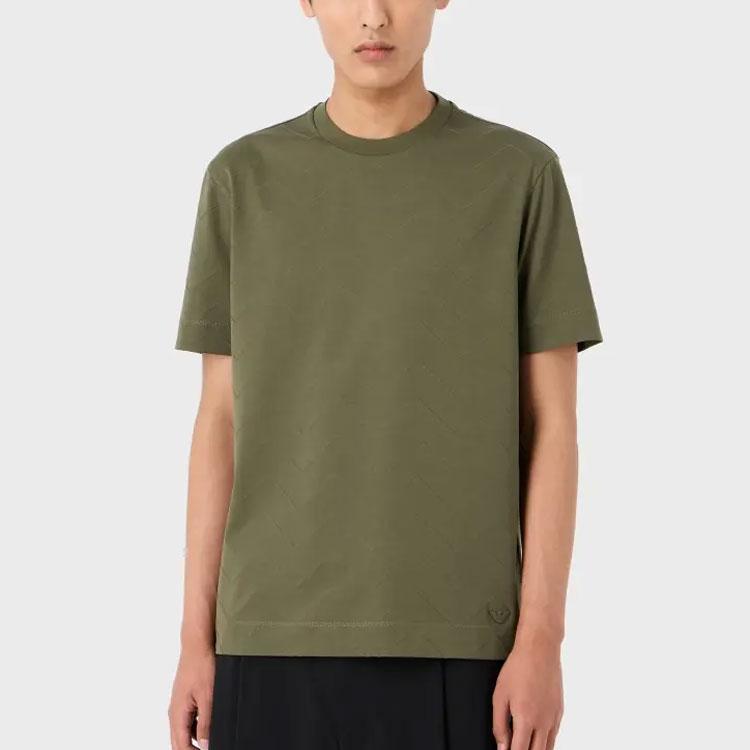 Emporio Armani FW23 Solid Houndstooth Pattern Embroidered Crew Neck Pullover Short Sleeve T-Shirt Men Tops Brown Green 6R1TDN-1JGYZ-0669
