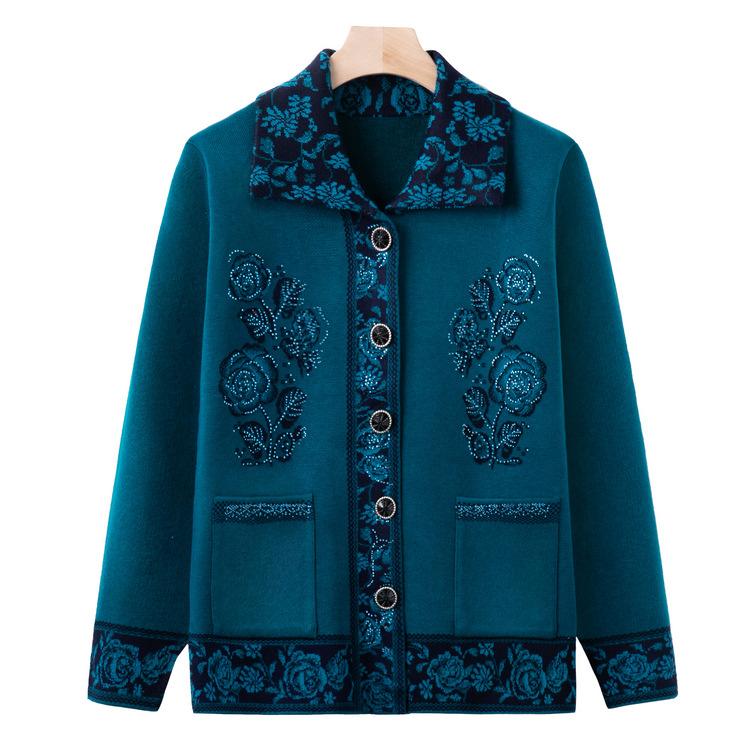 Middle-aged and Elderly Knitted Sweater Autumn and Winter Style Mother Jacket Old Lady Loose Cardigan Grandma Winter Base Sweater