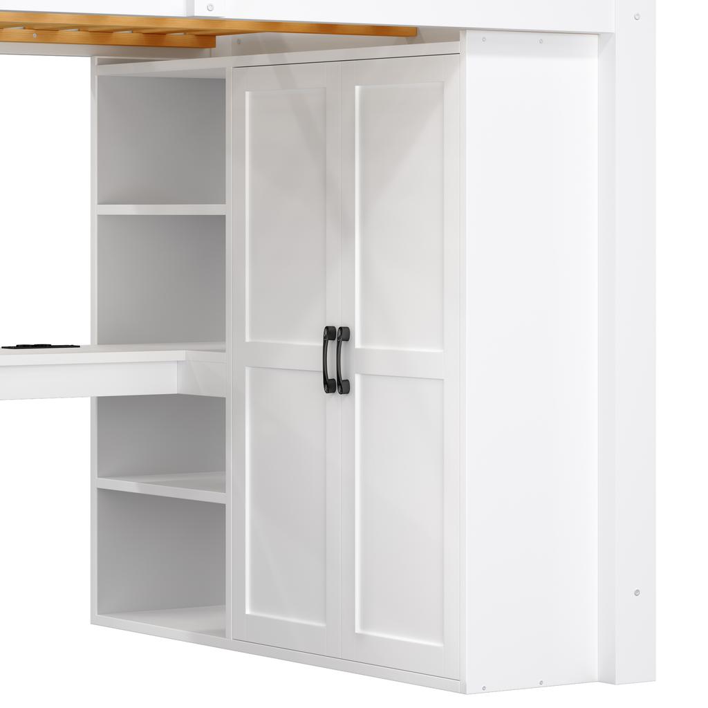 140x200 Loft Bed with Desk and Shelf, Wardrobe, Storage Stairs, USB and LED Lights, White
