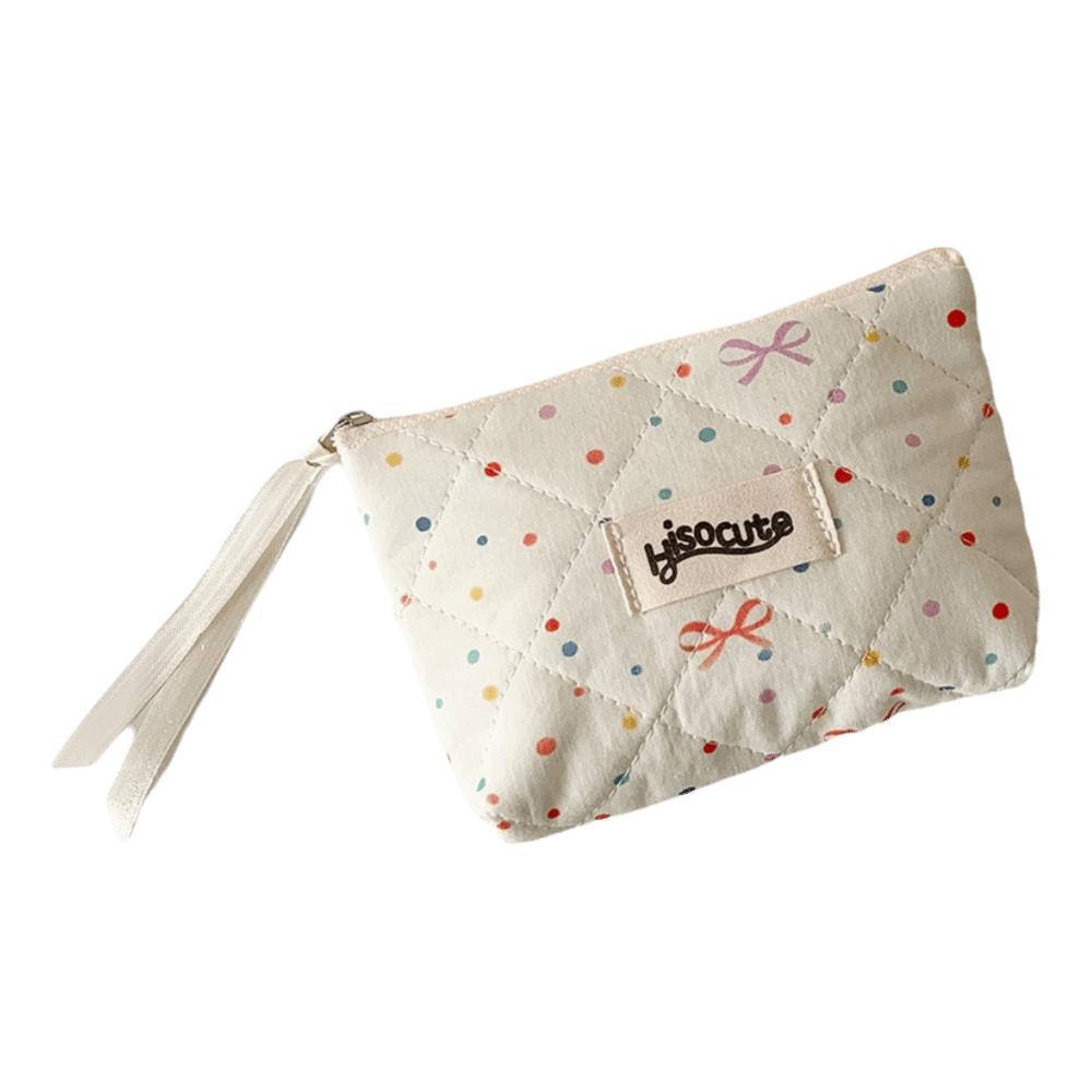 

Cute Bowknot Sanitary Napkins Storage Bag Colorful Dots Large Capacity Cosmetic Bag Data Cables Organizer for Women Girls
