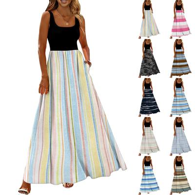 Ladies' Striped Printed Summer Casual and Fashionable Sleeveless Long Dress