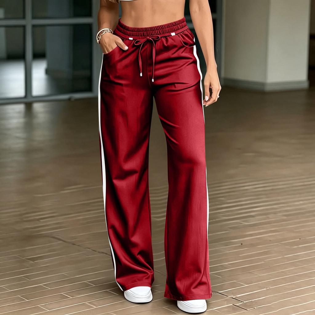 Women's High Waist Straight Leg Casual Pants with Tie Front and Patchwork - Loose Fit Color for Everyday Wear