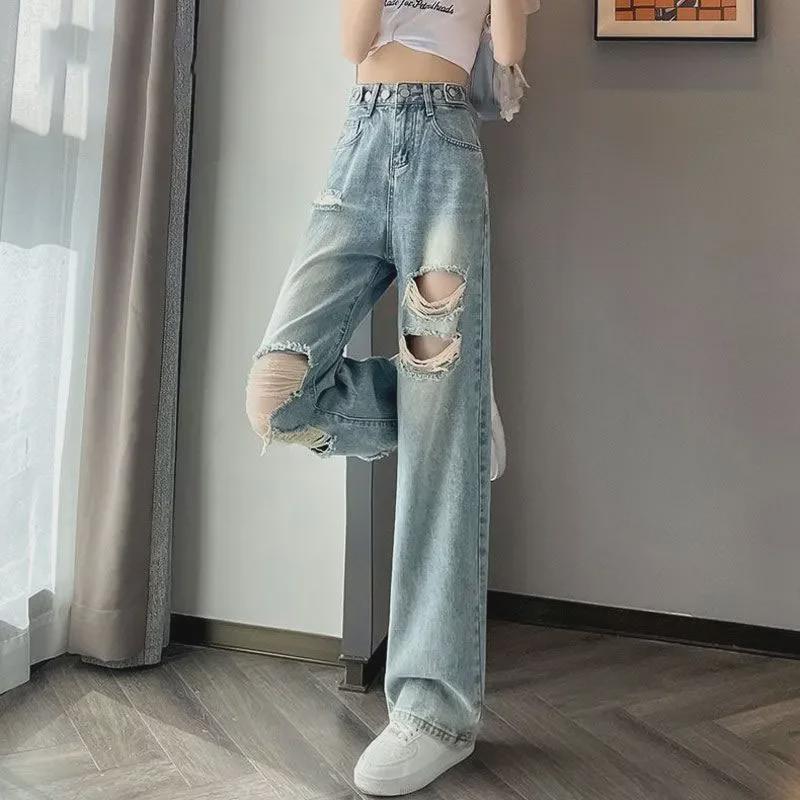Women's Adjustable High Waist Ripped Wide-Leg Jeans