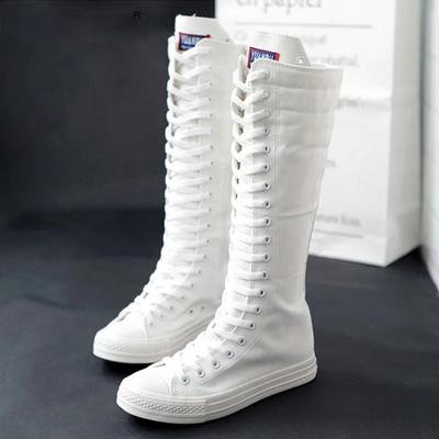 Damskie płócienne sznurowane buty do kolan z krzyżowym wiązaniem na suwak, duże rozmiary, damskie płaskie buty, moda damska, codzienne trampki, wiosna, białe, Oman