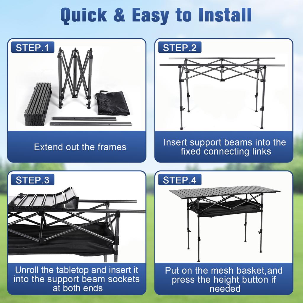 Outdoor Folding Long Table 120x55x80CM Portable Storage Universal Camping Space Saving Desk Easy To Install with Net Sturdy and