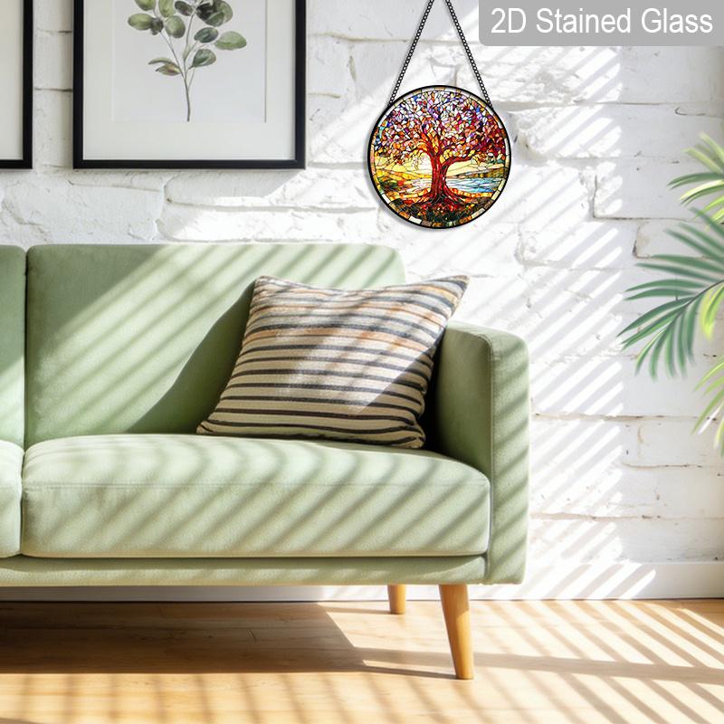 2D Flat Stained Glass Red Tree of Life Window Decoration, 7.87inches Lighting Colored Glass Plate with Chain, Charming Spring Summer Sun Catcher Home