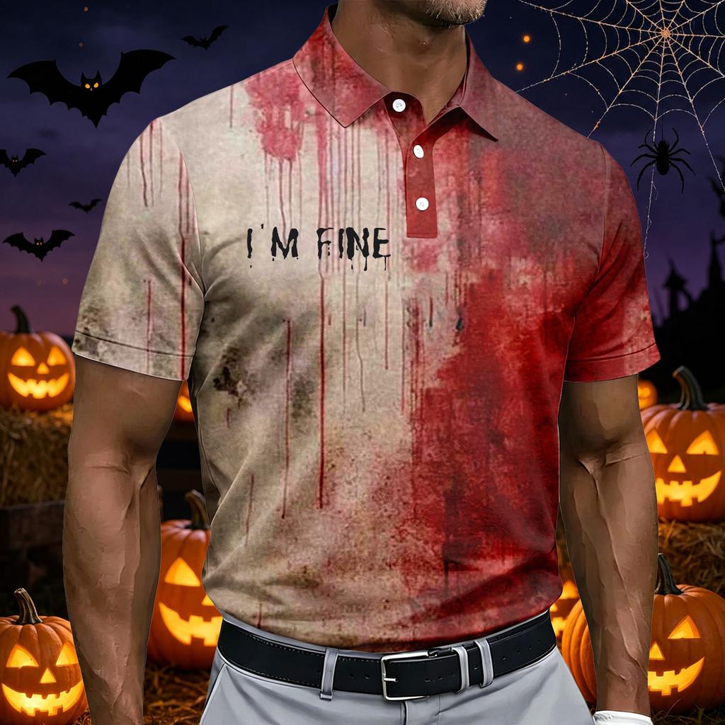 Men's Casual Short Sleeve Polo Shirt Halloween Print Breathable Lightweight Button Down Collar Summer Top