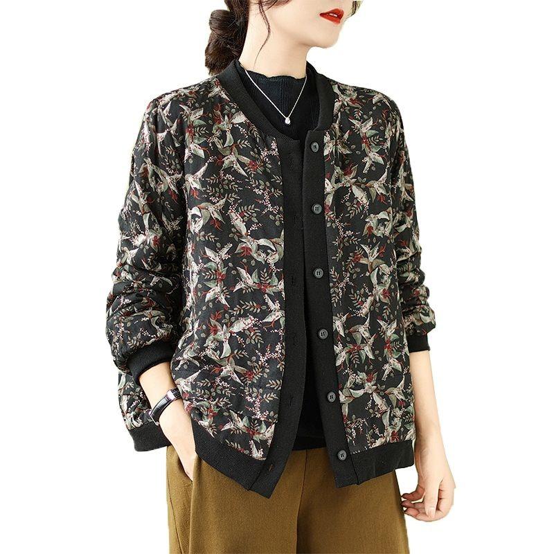 Autumn and Winter Printed Contrast Color Long-sleeved Round Neck Loose Retro Ethnic Style Thickened Cardigan Jacket Top