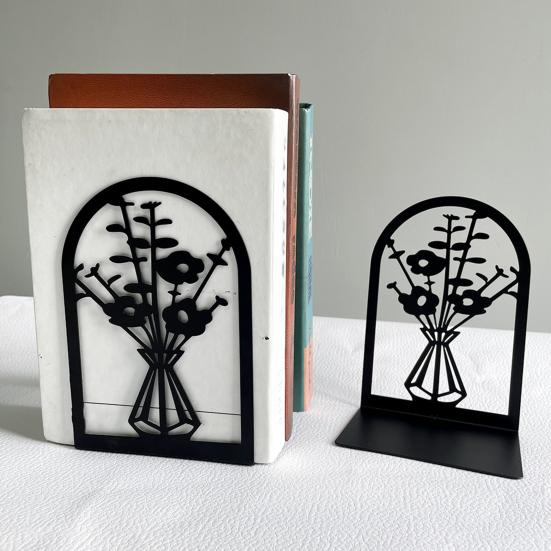 1 Pair Flower Metal Bookends Decorative Flower Vase Book Ends for Shelves Black