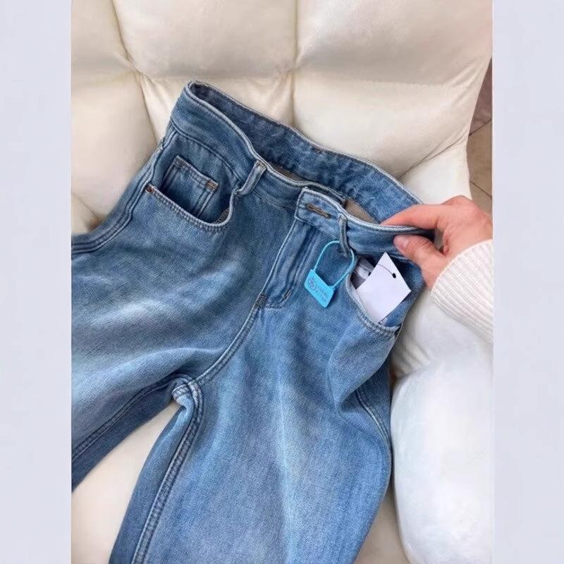 Pantaloni de damă retro albaștri, cu fleece pe interior, cu talie înaltă și picior drept, pentru toamnă și iarnă