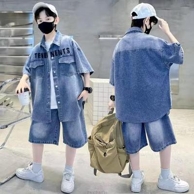 Traje Vaquero para Niños Verano Camisa de Manga Corta para Niños Pantalones Cortos Deporte Conjuntos de Chándal Coreanos Niños