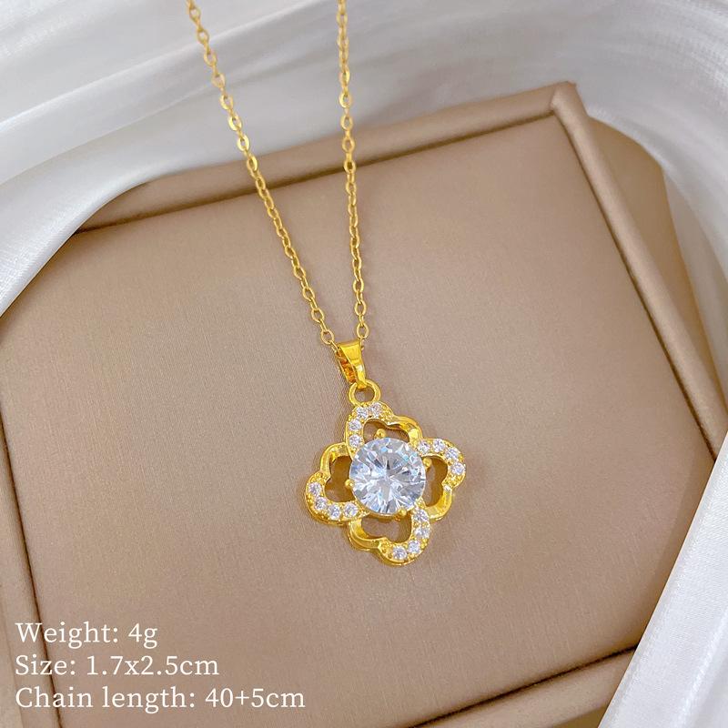 Titanium Steel, Sky Four-Leaf Flower Light Luxury Temperament Gorgeous Full Diamond Necklace Female Versatile Collarbone Chain Titanium Steel Chain