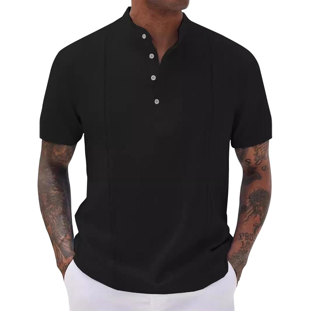 Men's Summer T-shirt British Loose Striped Solid Color Short-sleeved Lapel Top