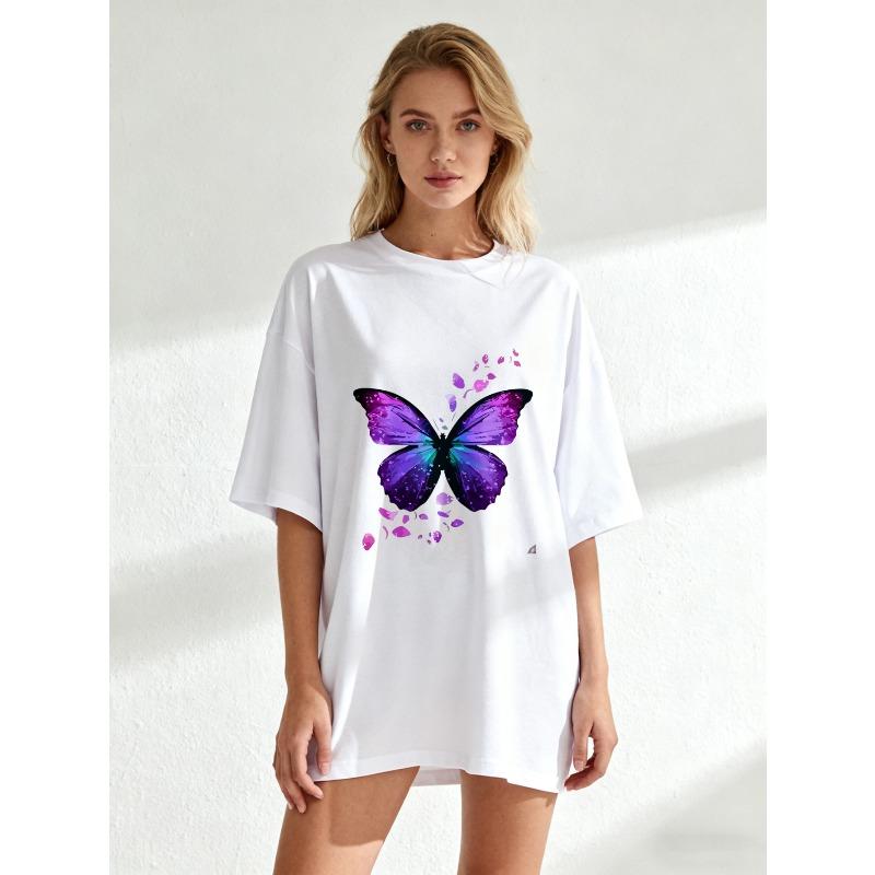 Black Oversized T Shirt With Purple Butterfly Print For Casual Wear