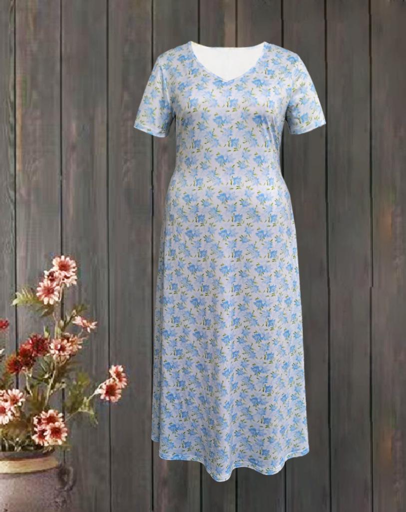 

European & American V-Neck Floral Maxi Dress - Women’s Summer 2025 Collection, Gentle Style, Short Sleeve, Plus Size, Fairy Tea Dress небесно-голубой