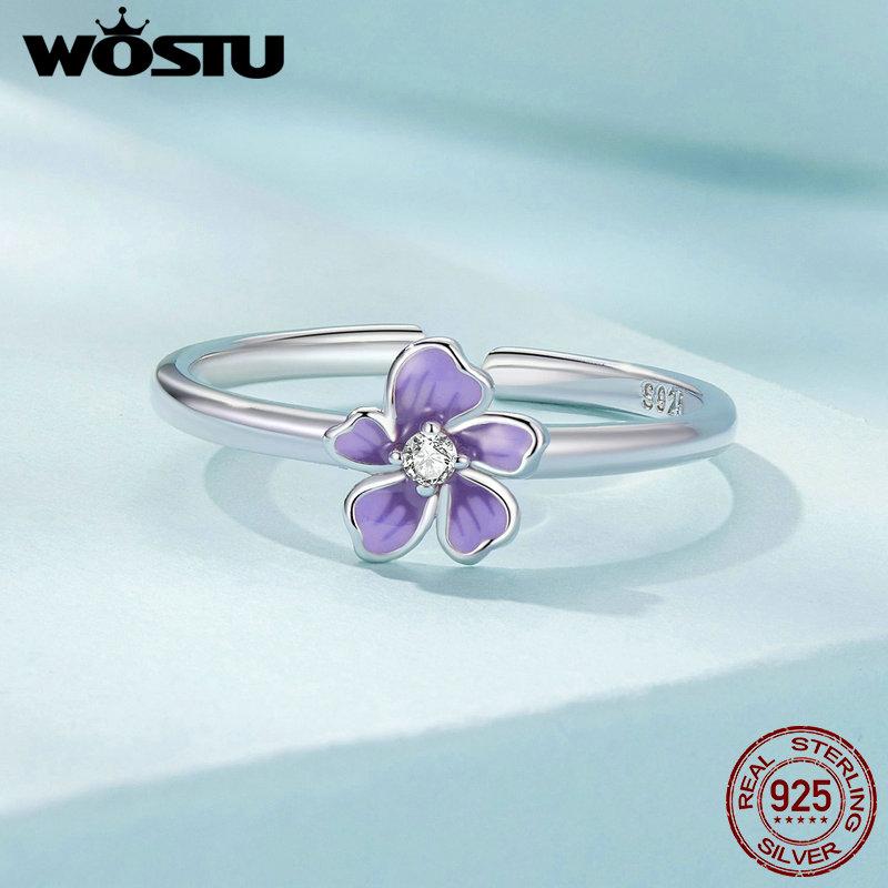 WOSTU Stříbrné prsteny 925 s mystickým fialovým květem pro ženy, roztomilý korejský zirkon, stohovatelný párty prsten, dárek k narozeninám pro dívku
