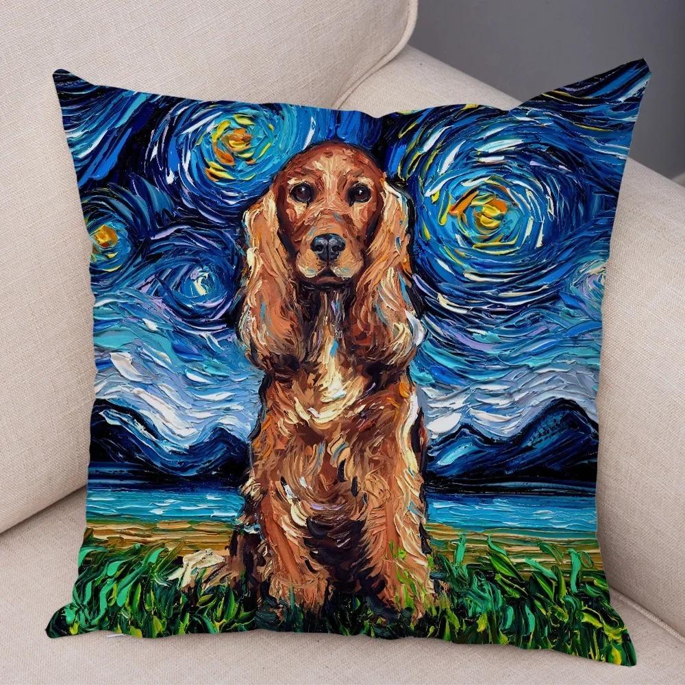 Colorful Oil Painting Pet Animal Pillowcase Starry Sky Art Cartoon Dog Cushion Cover Decorative Sofa