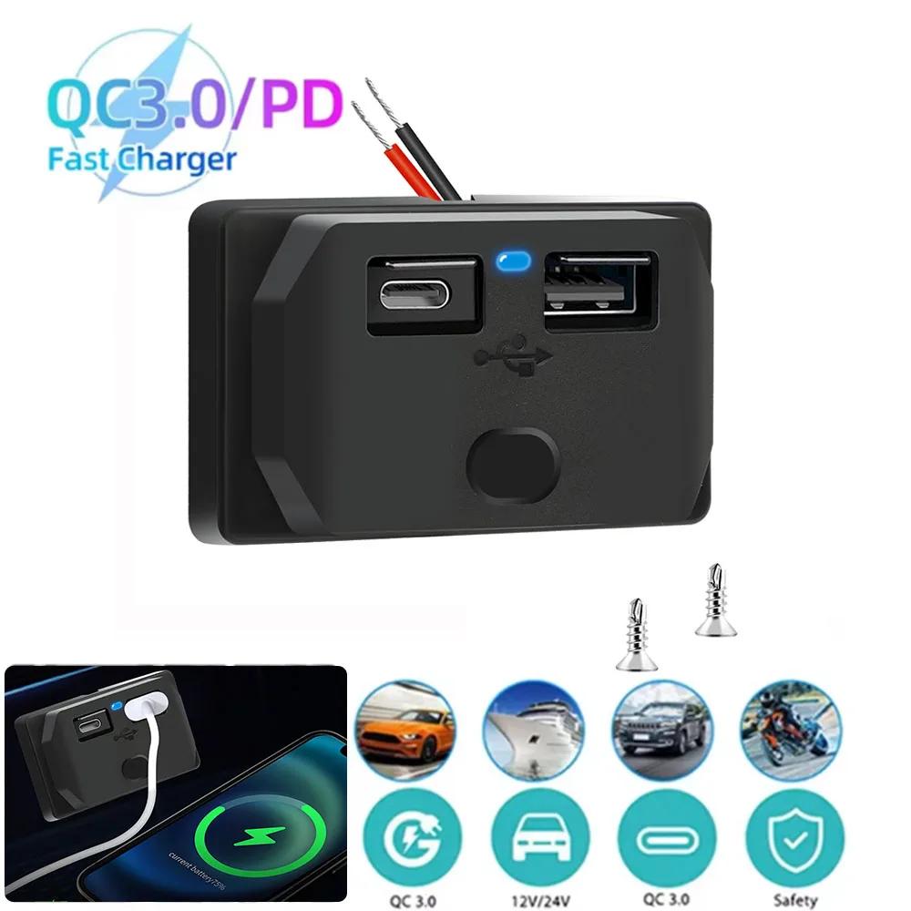

12V-24V USB Fast Car Charger Outlet 50W Dual USB C 30W and Dual QC 3.0 20W Port Car Charger Socket Accessories for Bus RV Truck