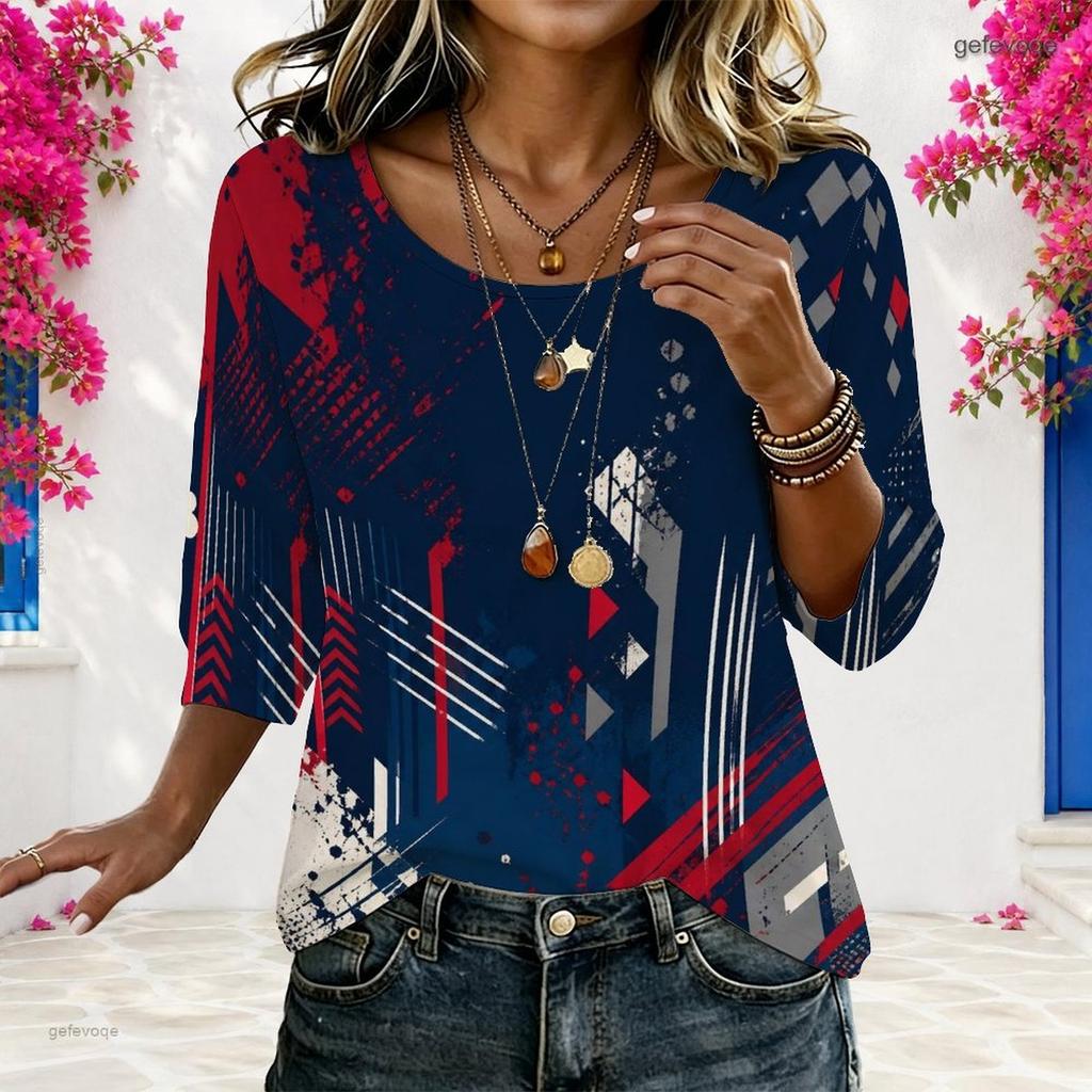 Women Plus Size Round Neck Half Sleeve Loose Fit Printed Blouse Red Blue White Star Print