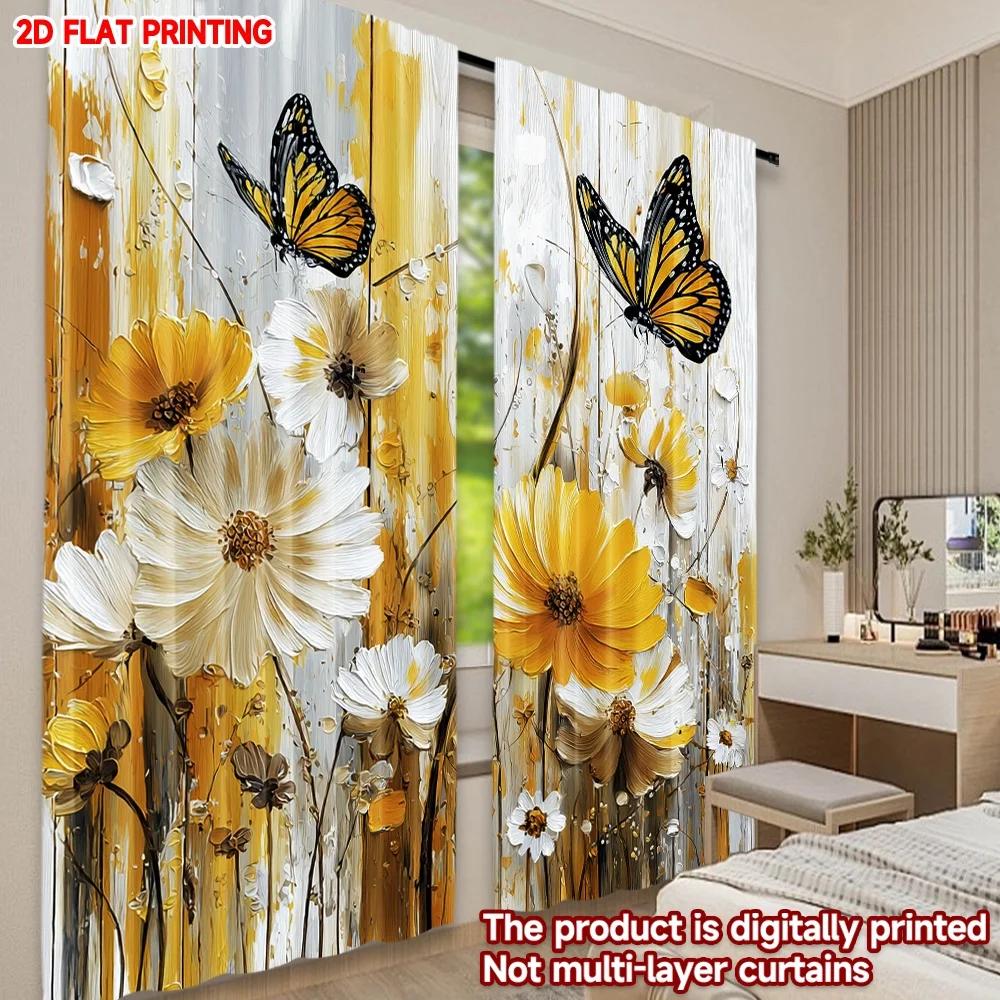 Set Of 2 Butterfly Flower Curtains Bright Yellow White Blooms Black Pattern Cozy Bedroom Decor Made Polyester Window Treatment