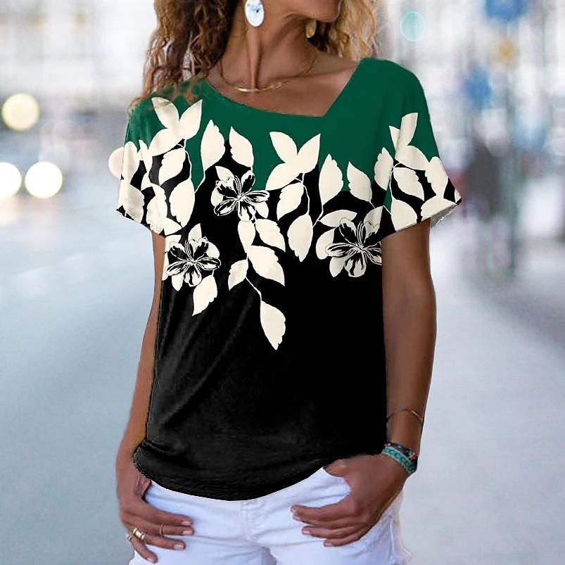 Fashion Women Irregular Neck Tee Summer 3D Floral Print T Shirts Ladies Loose Couples T Shirt Short Sleeve Tops Casual