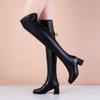 Fashion Black Leather Pointed Toe Ladies Above Over The Knee Shoes Autumn Winter Fleece-Lined Middle Heel Goth Women's Thigh High Boots