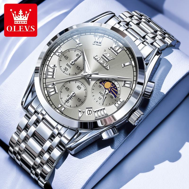 OLEVS Herrenuhr Original Mode Luxusmarke Wasserdicht Leuchtend Quarz Uhr Mondphase Automatisches Datum Uhren für Männer Chronograph