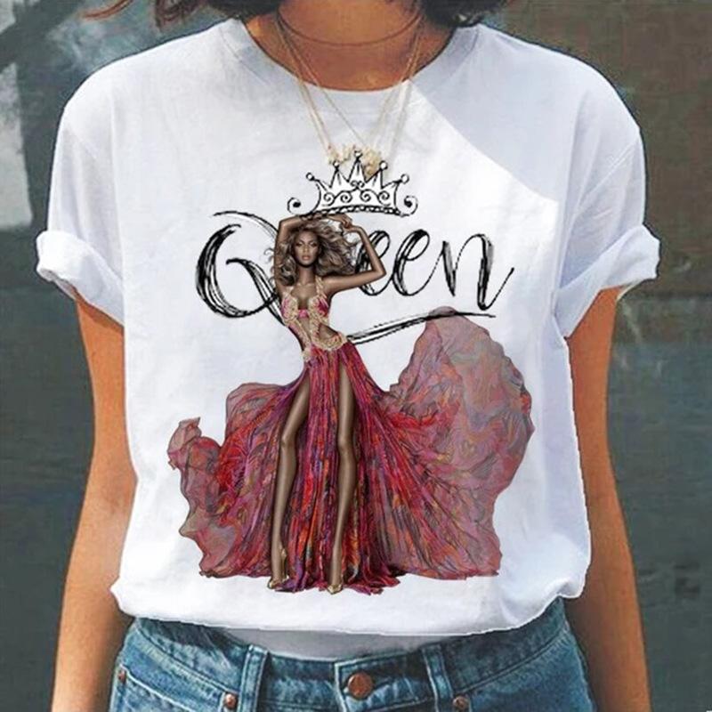 Camiseta de Verano de Cuello Redondo con Estampado 3D de Patrón de Reina, Camisetas de Mujer Casuales de Moda de Manga Corta