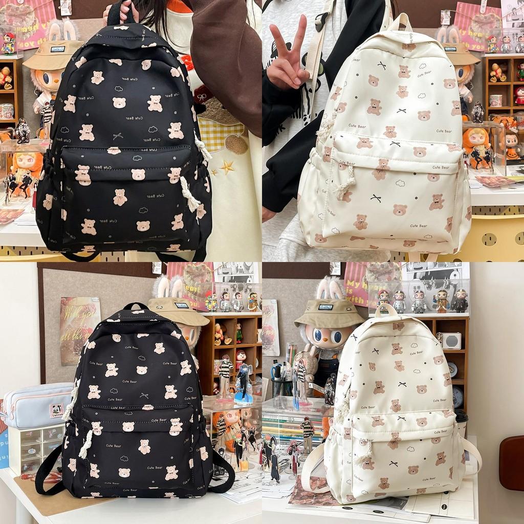 Simple Butterfly Bow And Cartoon Bear Pattern Student Backpack For Casual Use And Commuting