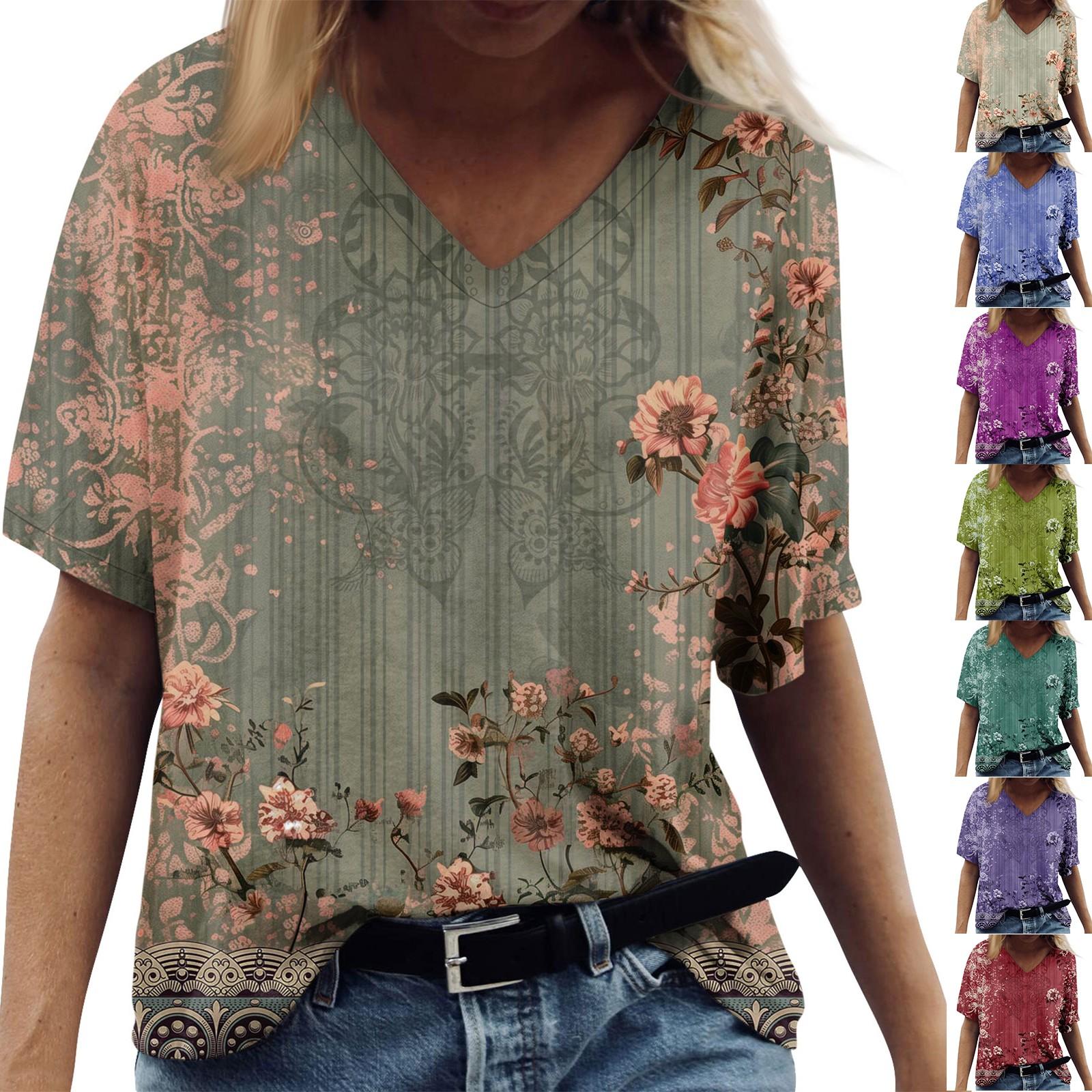 

Women s Fashion Casual Print V-neck Short Sleeves Printed T-shirt L