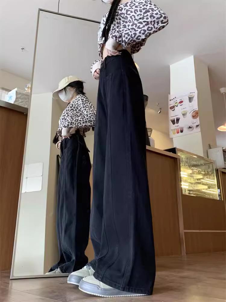 Women's Plus Size Black A-line Wide-Leg Jeans - Autumn/Winter Slimming Loose Fit for Pear-Shaped Figures