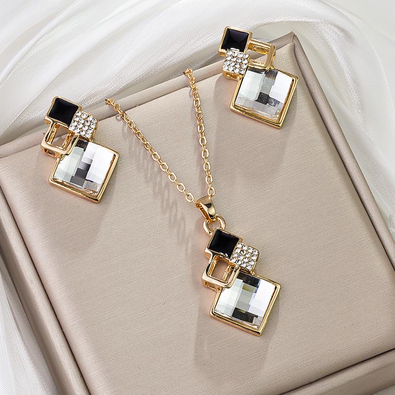 Korean Geometric Square Jewelry Set: S925 Silver Needle Minimalist Earrings & Necklace with Inlaid Diamonds