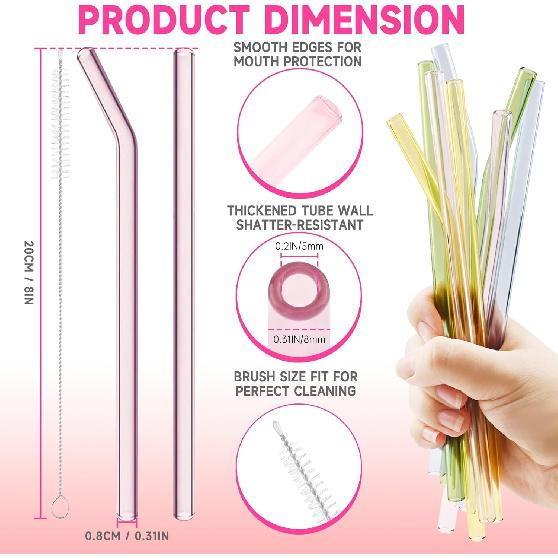 10 Pcs Reble Glass Drinking Straws, 8” Colorful Glass Straws Shatter Resistant with 2 Cleaning Brush, Set of 5 Straight and 5 Bent Reble Straw for