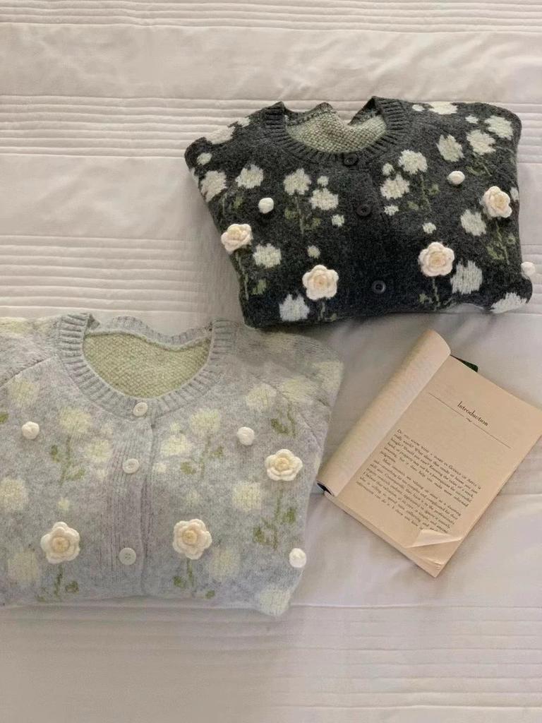 Korean 3D Flower Knit Cardigan - Autumn/Winter Fashion for Women