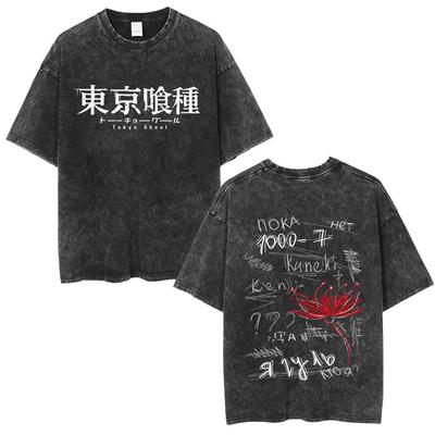 Washed Vintage Anime Tokyo Ghoul Spider Lily Graphic Tshirt Manga Kaneki Ken Print T Shirts Men Women Retro Oversized Tshirts