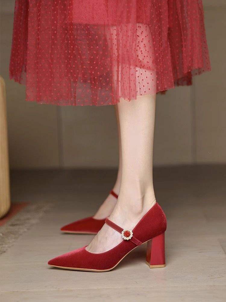 French High Heels Women's Thick Heel 2025 New Beige Mary Jane Bridesmaid Shoes Daily Wear Bridal Shoes Wedding Shoes