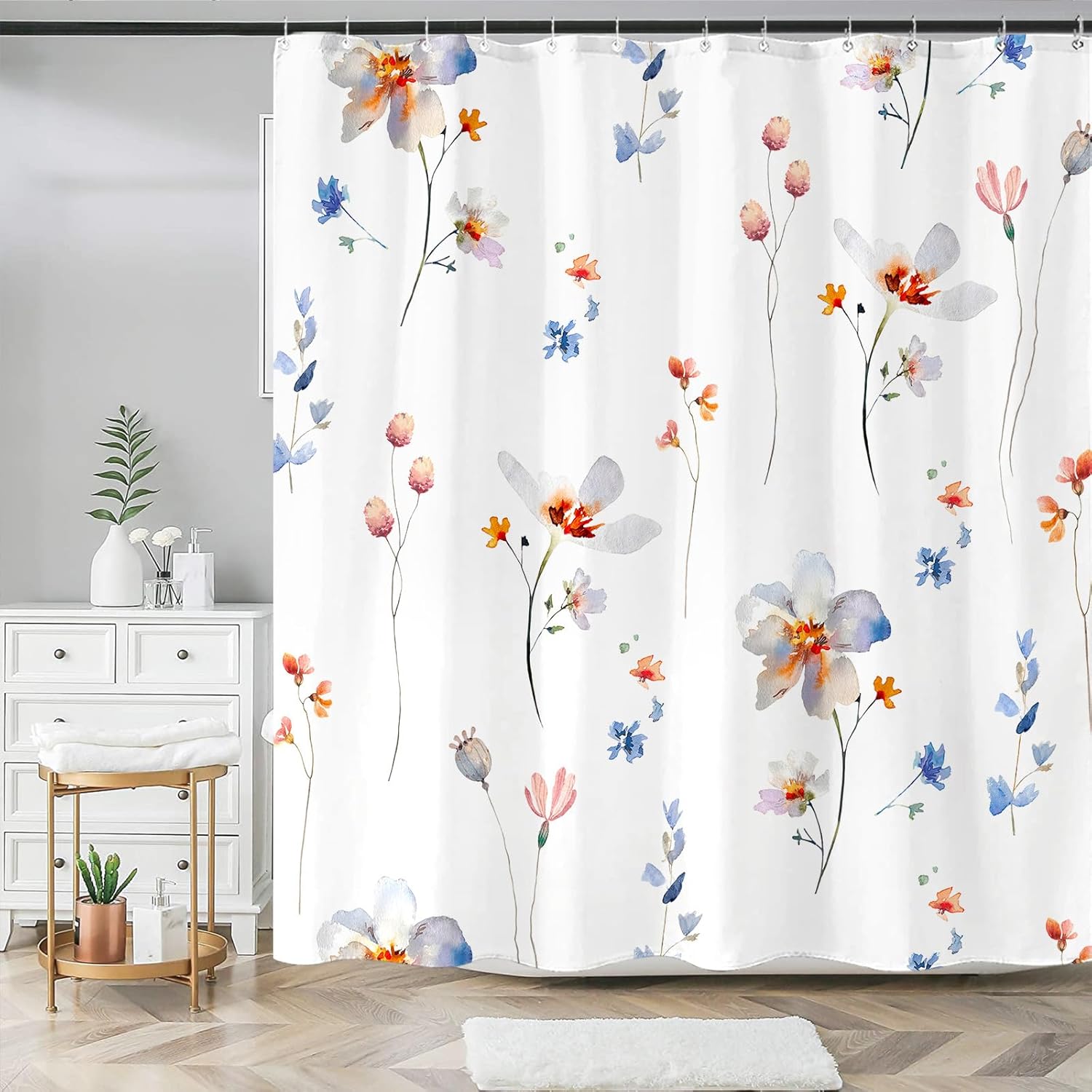 

Amm Watercolor Floral Shower Curtain Pink Coral White Flower Shower Curtains For Bathroom Modern Simple Cute Herb Plant Leaf Wat W60H190(CM)-1 Pcs