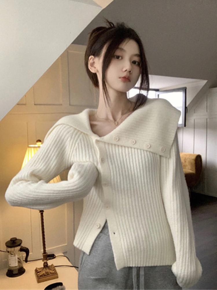 Women's Irregular Slimming Knit Sweater - Large Lapel, Clavicle Top for Autumn/Winter