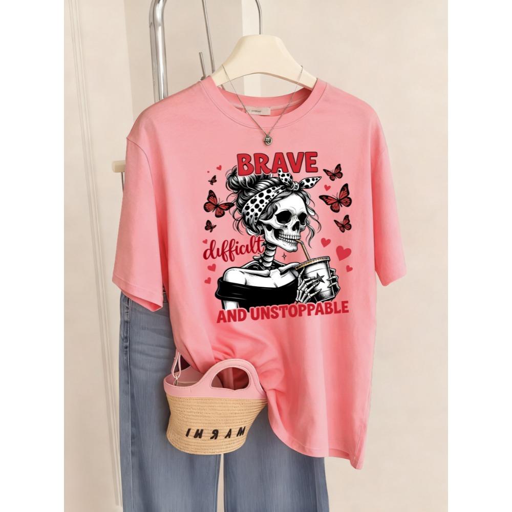 Brave Difficult Drinks Imprimé Crânes Papillon T-shirt Femme Décontracté T-shirts Doux Respirant Été Streetwear Haut Y2K