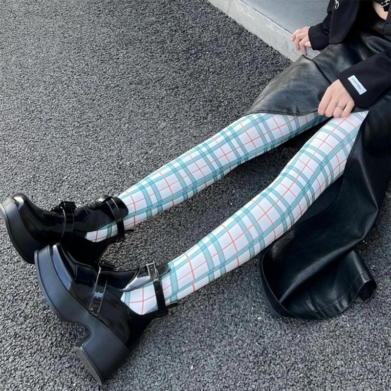 Women Sexy Tights Socks Translucent High Waist Pantyhose Plaids Print Silk Stockings Colourful Plaids Printing Stockings