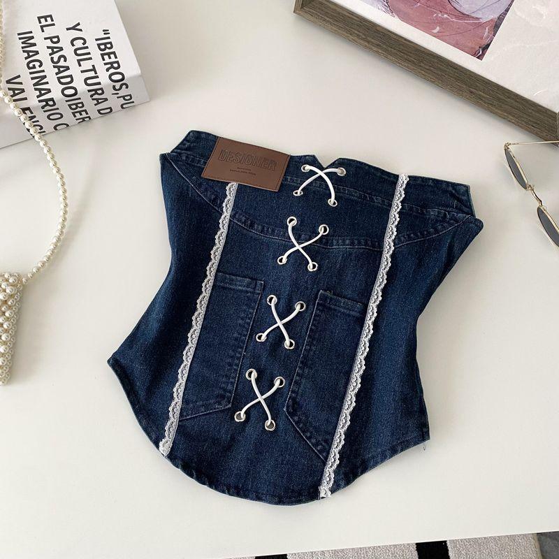 American vintage Gyaru Lace Stitching Denim Tube Top Women Summer Pure Want Bandage Waist Hugging Slim fit Sleeveless Vest